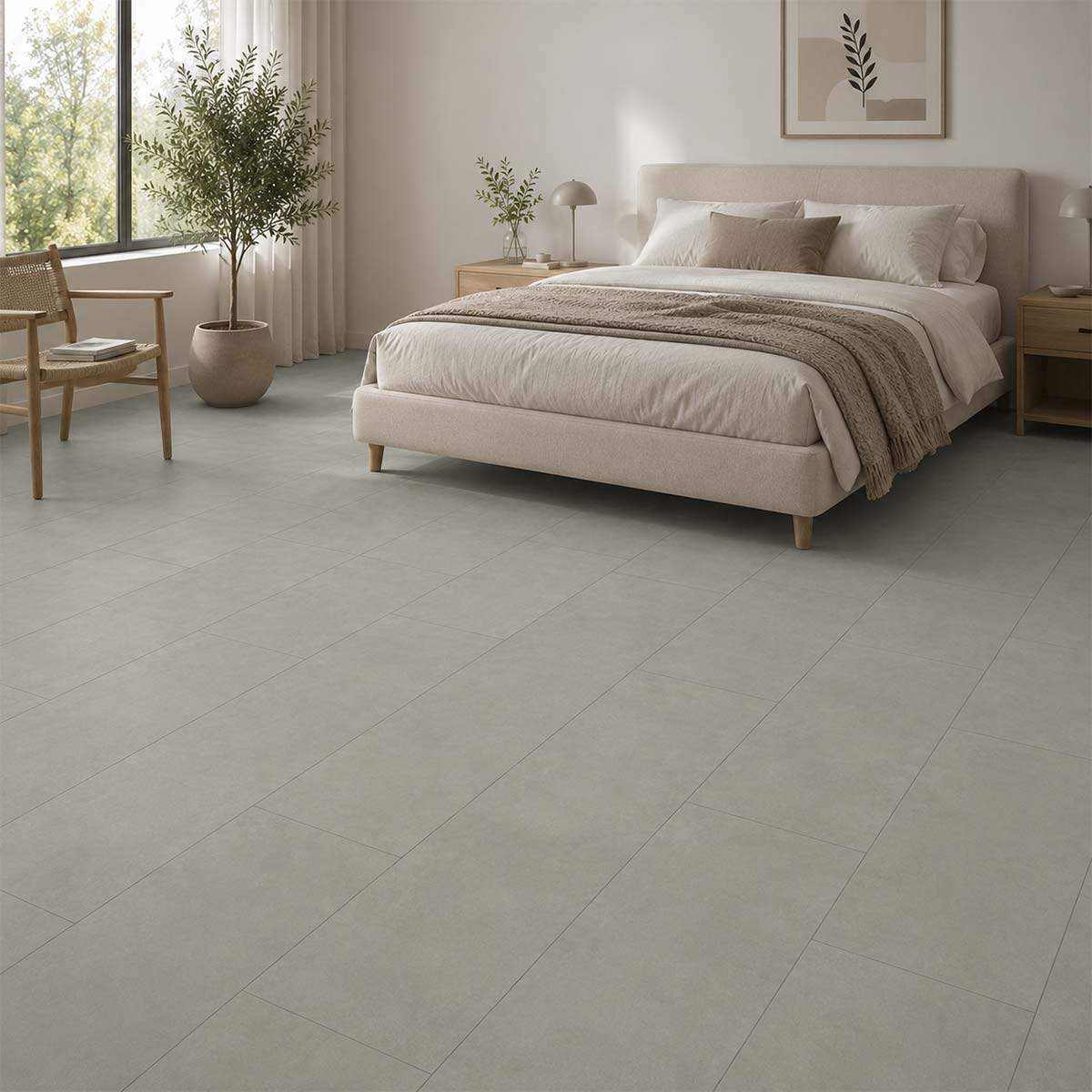 Klick Vinylboden Killelton Pro Nature Classen in einem hellen Schlafzimmer mit grauer Steinoptik