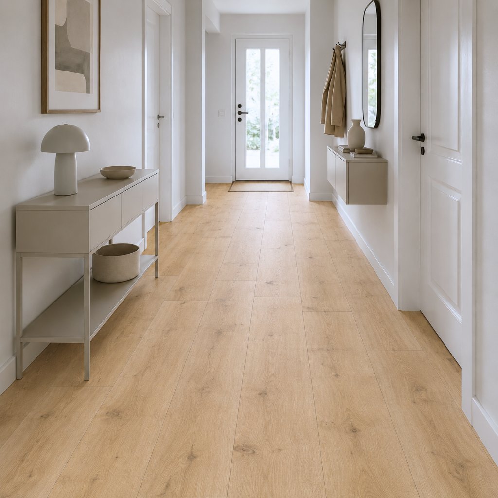 Designboden Miranda in warmer Holzoptik im hellen Flur mit Konsole und Wandregal von Floor4all