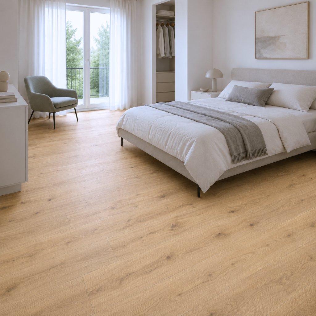 Designboden Miranda in heller Holzoptik im gemütlichen Schlafzimmer mit Bett und Sessel von Floor4all