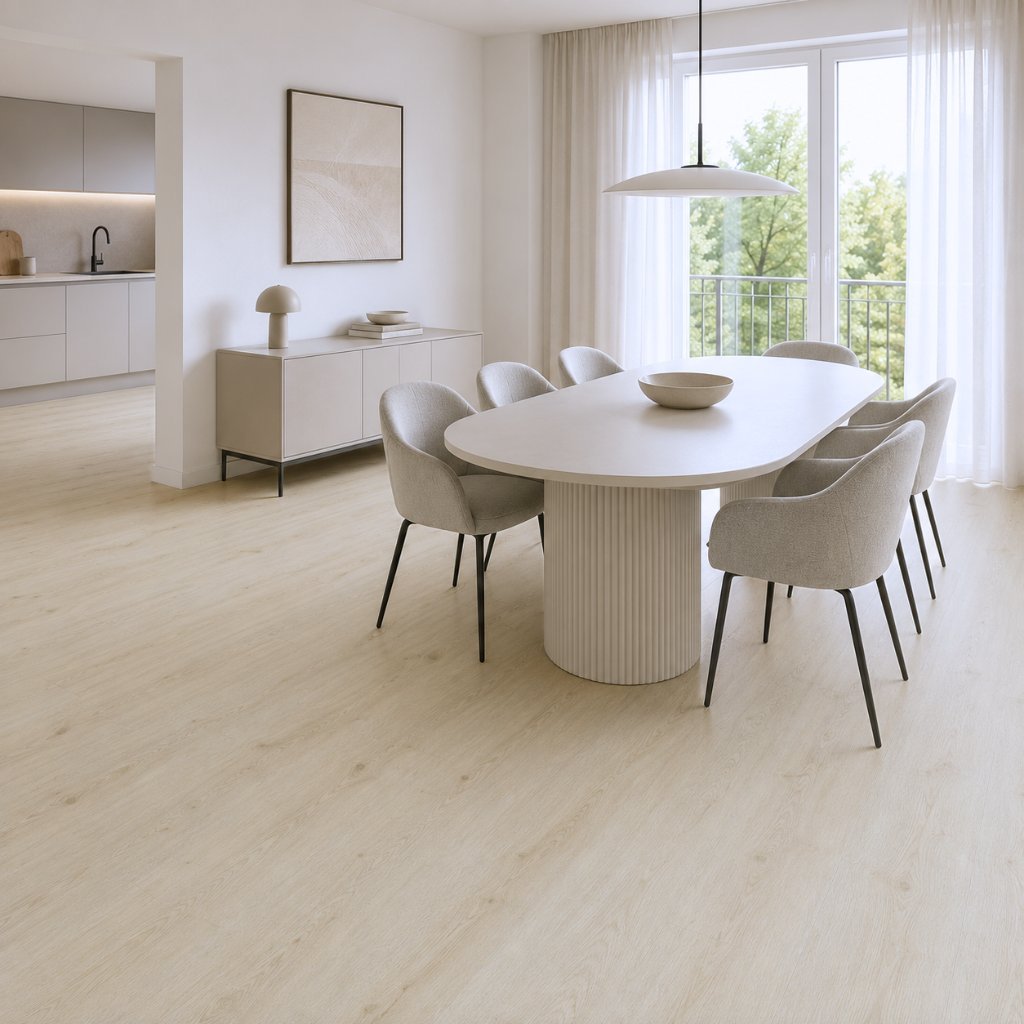 Klick Vinylboden Neiva in heller Holzoptik im offenen Wohnraum mit Esstisch und Küche von Floor4all