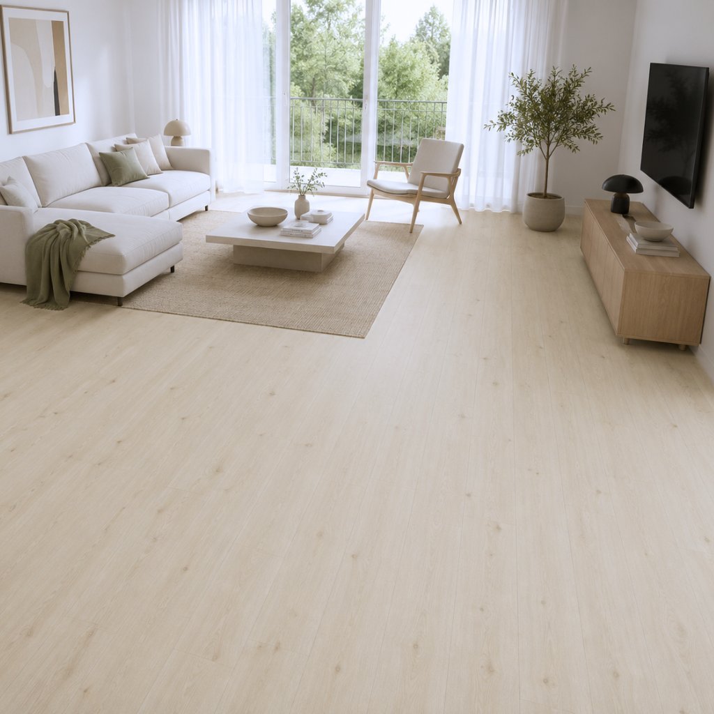 Designboden Neiva in heller Holzoptik im gemütlichen Wohnzimmer mit Sofa und Sessel von Floor4all