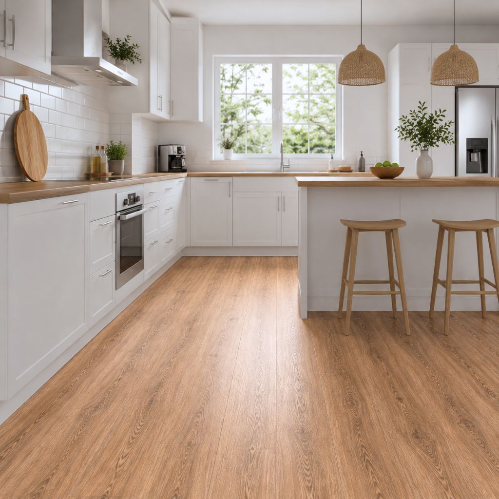 Warmer Nussbaum-Vinylboden in der Küche mit weißer Landhausküche und Kochinsel von Floor4all