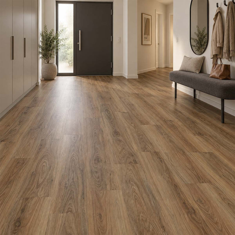 Klick Vinylboden Nussbaum Natur XL mit Trittschalldämmung im Eingangsbereich mit Sitzbank und ovalem Spiegel – Floor4All.