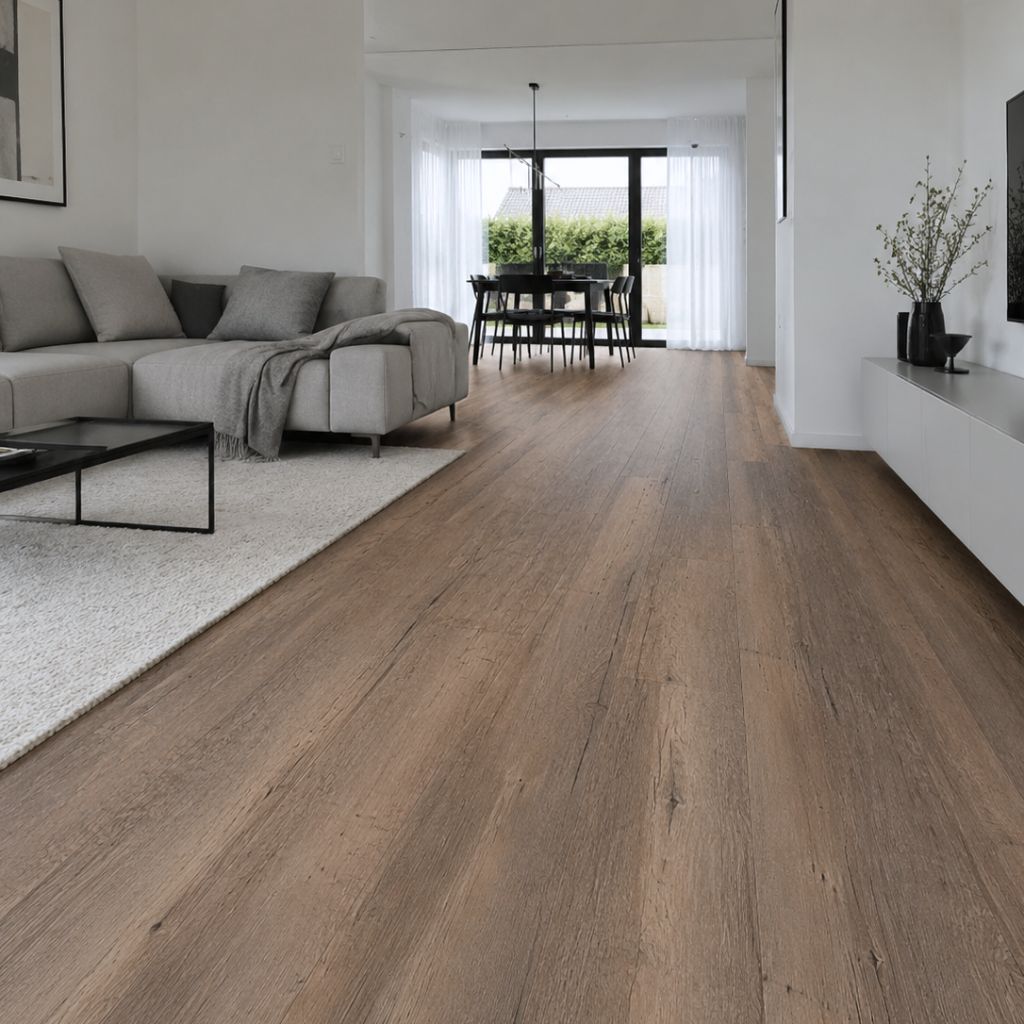 Klick Vinylboden Tanne Eiche im offenen Wohn- und Essbereich verlegt von Floor4all