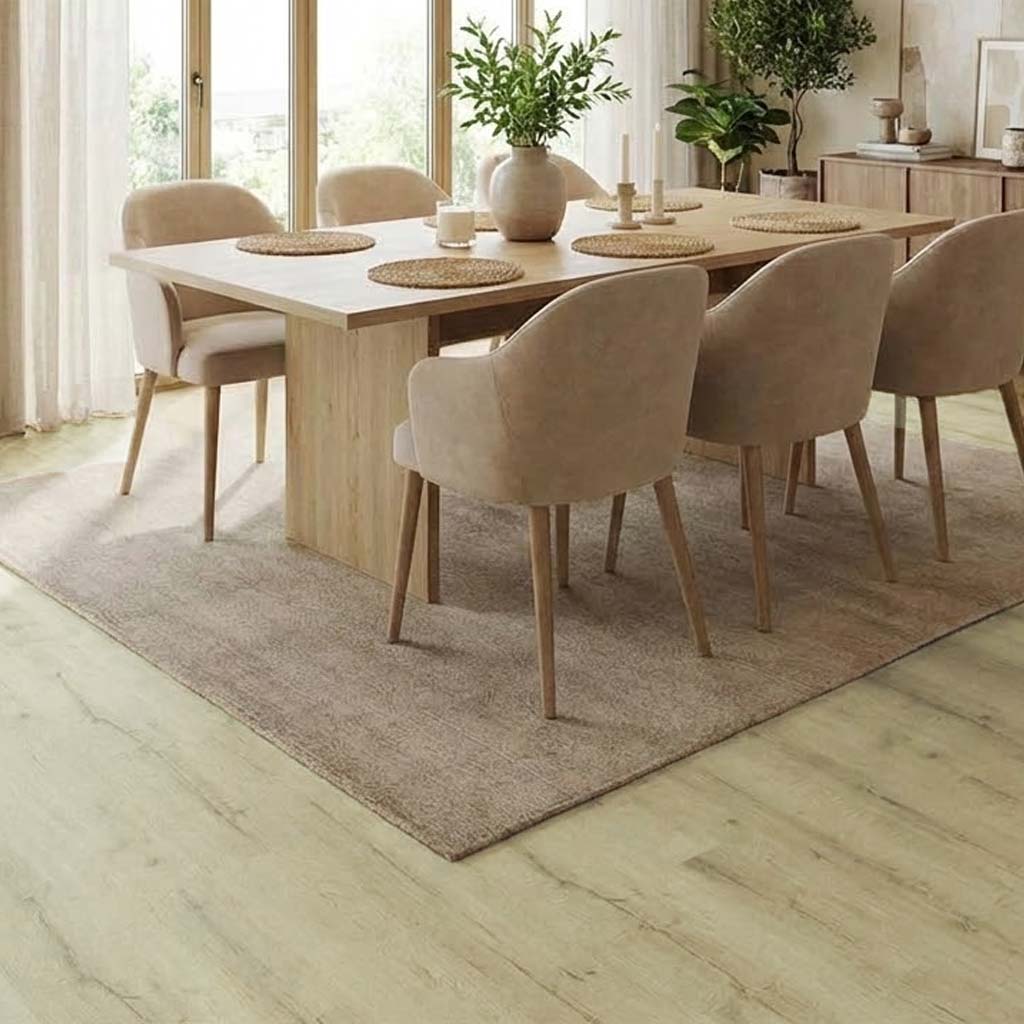 Klick Vinyl Eiche Ambie im Essbereich und Küche verlegt - Floor4all