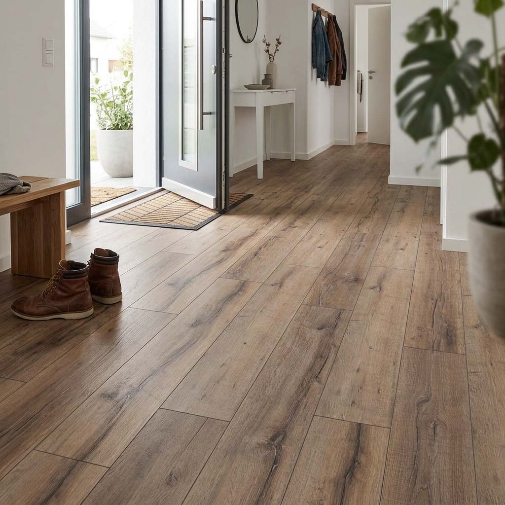 Kronotex Exquisit Laminat in XL-Diele, verlegt im Flur mit Blick auf die geprägte Holzmaserung