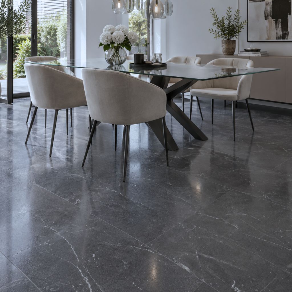 Klick Laminat Fliesenoptik Botticino Classico Dark im eleganten Esszimmer von Floor4all