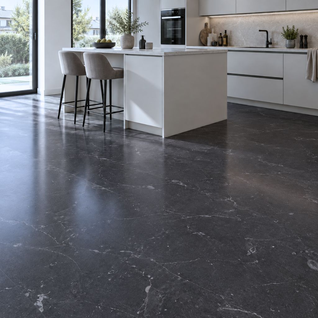 Klick Laminat Fliesenoptik Botticino Classico Dark in moderner Hochglanz-Küche von Floor4all