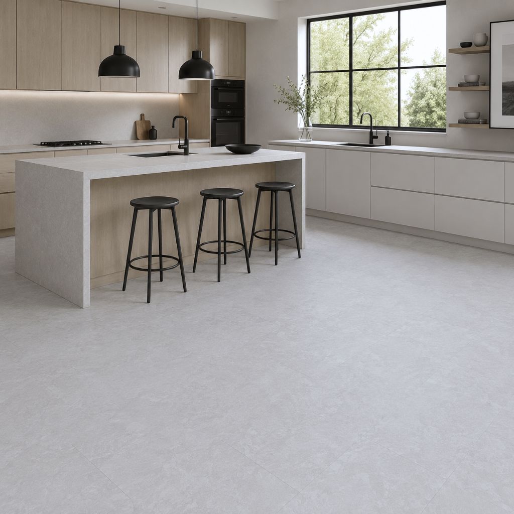 Laminat Classen Visiogrande Granit weiss als Fliesenoptik-Boden in moderner Küche von Floor4all