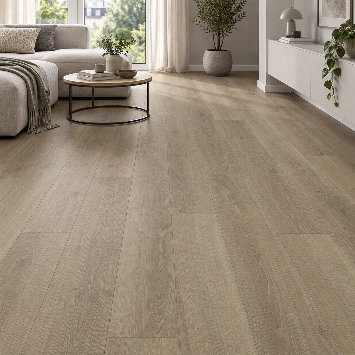 Laminat Klick Parador Eiche Macchiato Landhausdiele in einem modernen Wohnzimmer