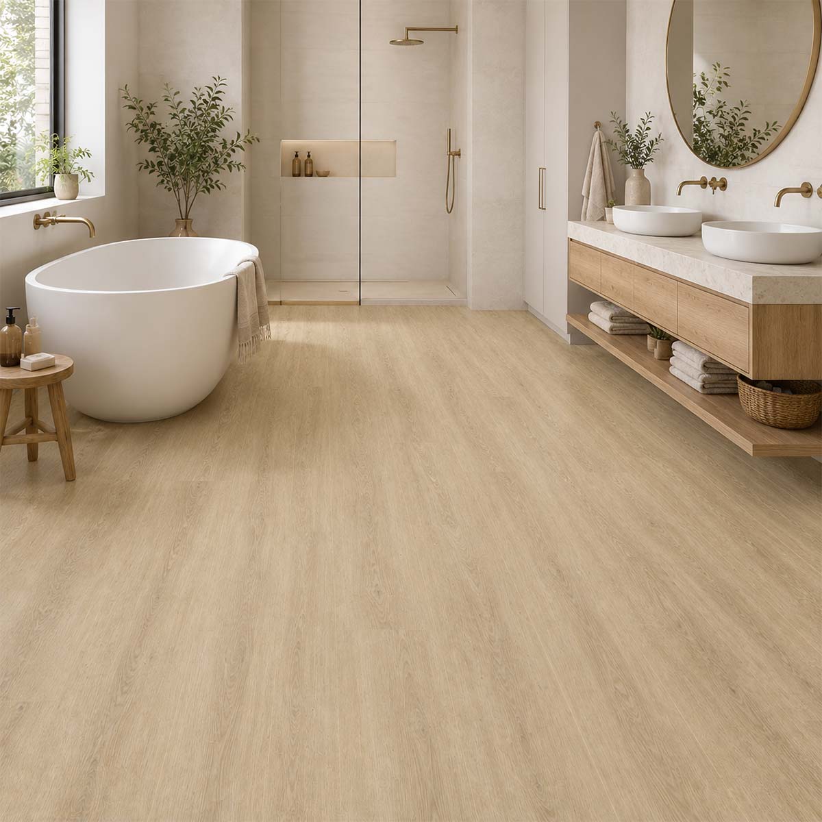 Laminat Kronotex Robusto Phalsbourg Eiche Landhausdiele in einem modernen Badezimmer