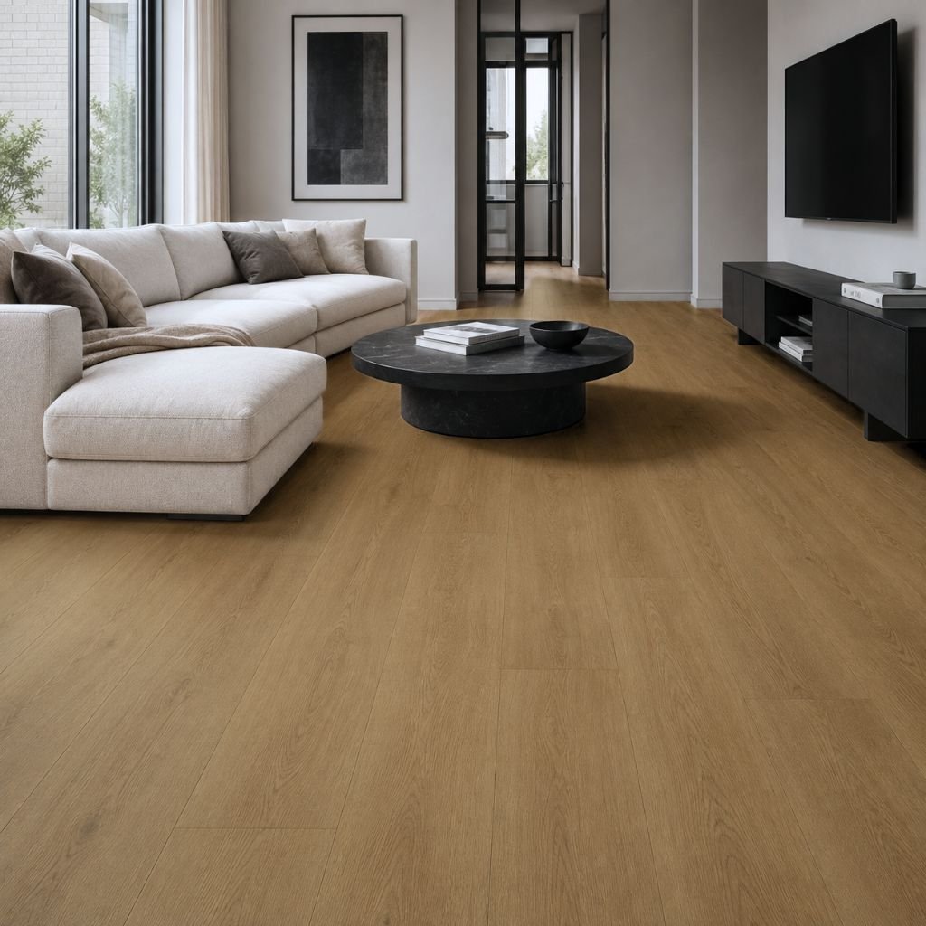 Laminat Kronotex Exquisit Natural Pine Landhausdiele im hellen Wohnzimmer von Floor4all