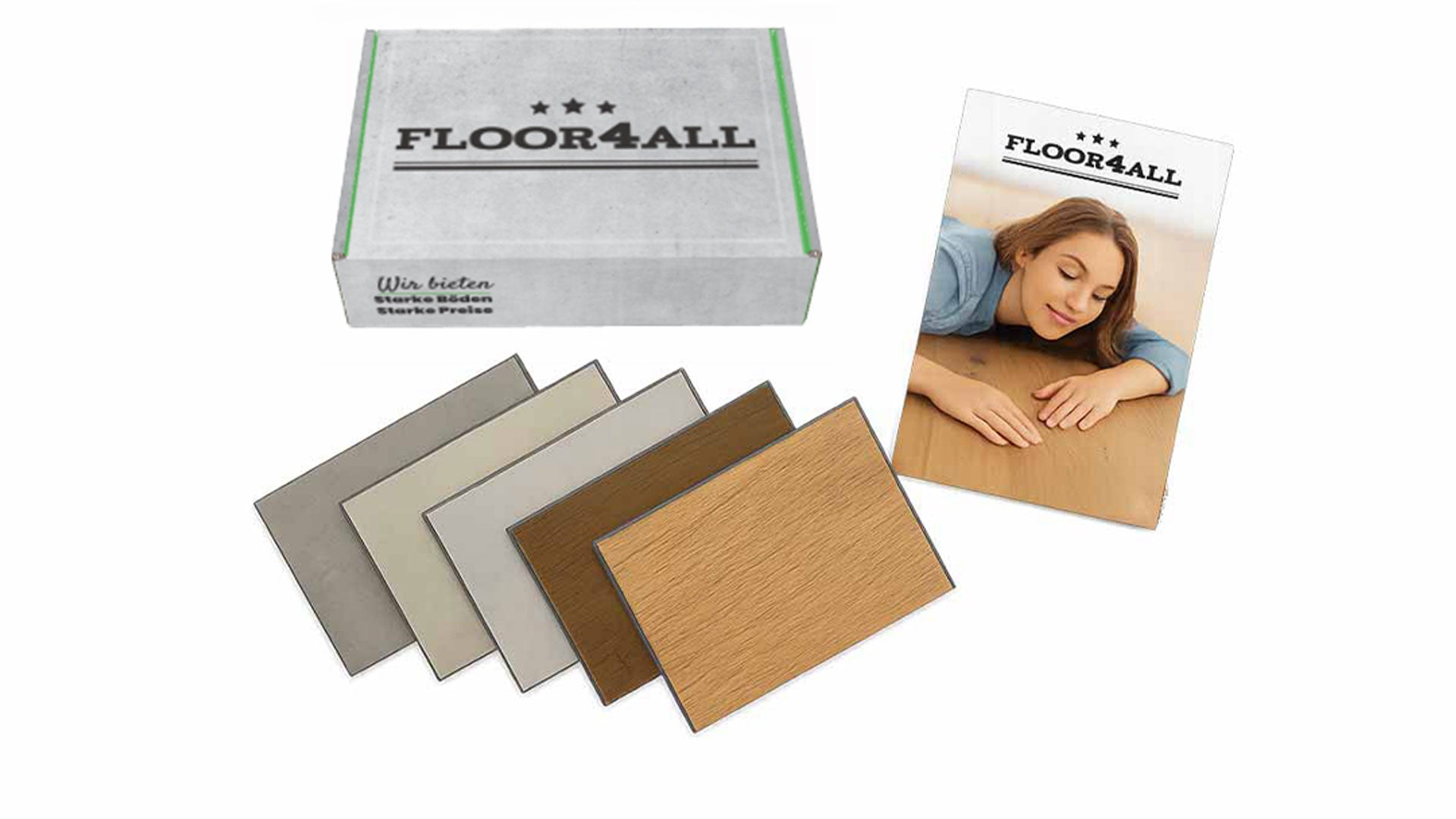 Kostenlose Musterbox mit 5 Böden deiner Wahl. VInylboden, Laminat und Parkett. Versandkostenfrei bei Floor4all