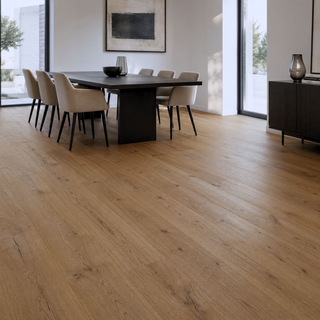 Parkett Eiche Pulara Landhausdiele in einem hellen, modernen Esszimmer