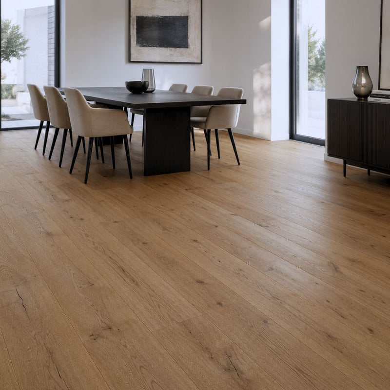 Parkett Eiche Pulara Landhausdiele in einem hellen, modernen Esszimmer