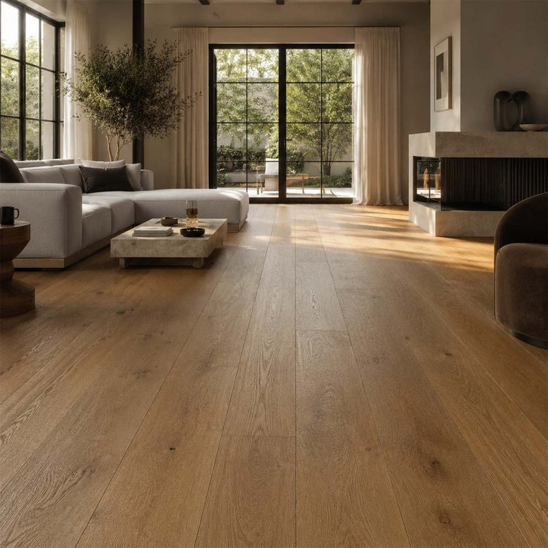 Parkett Eiche Rhino rustikal Landhausdiele geölt im modernen Wohnzimmer mit warmer Eichenoptik
