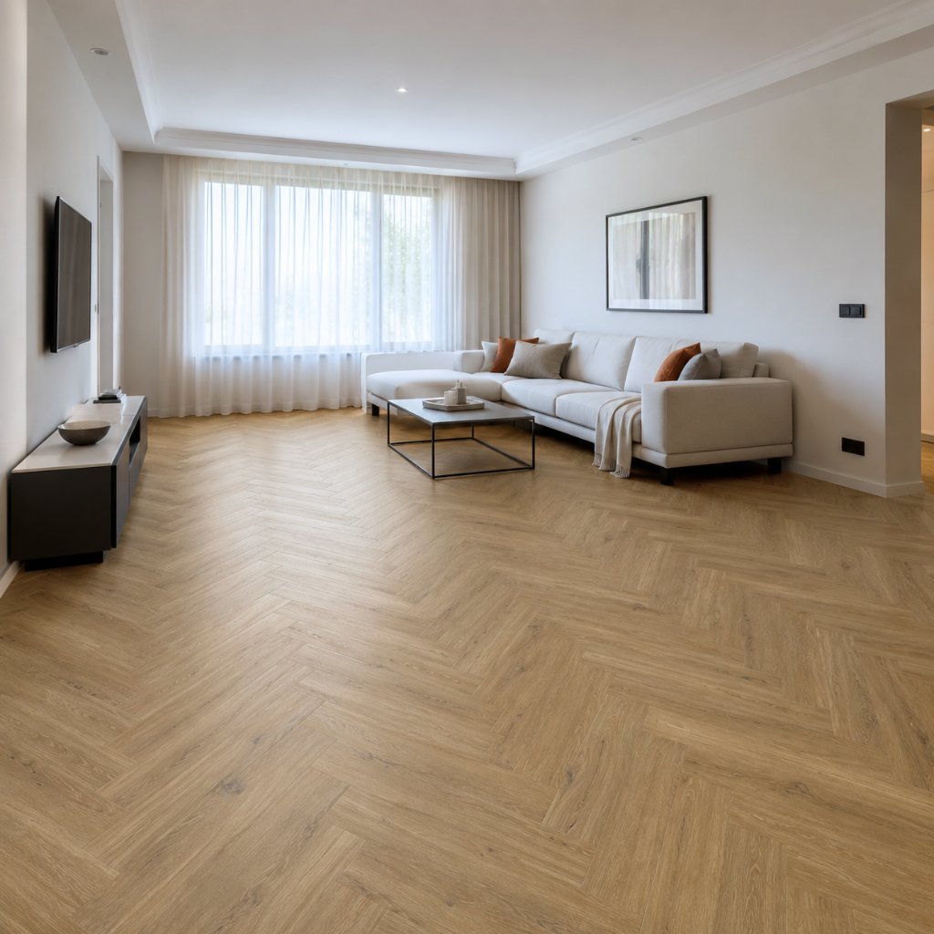 Modernes Wohnzimmer mit Klick Vinyl Prime Oak Oslo Fischgrätboden und heller, offener Einrichtung von Floor4all