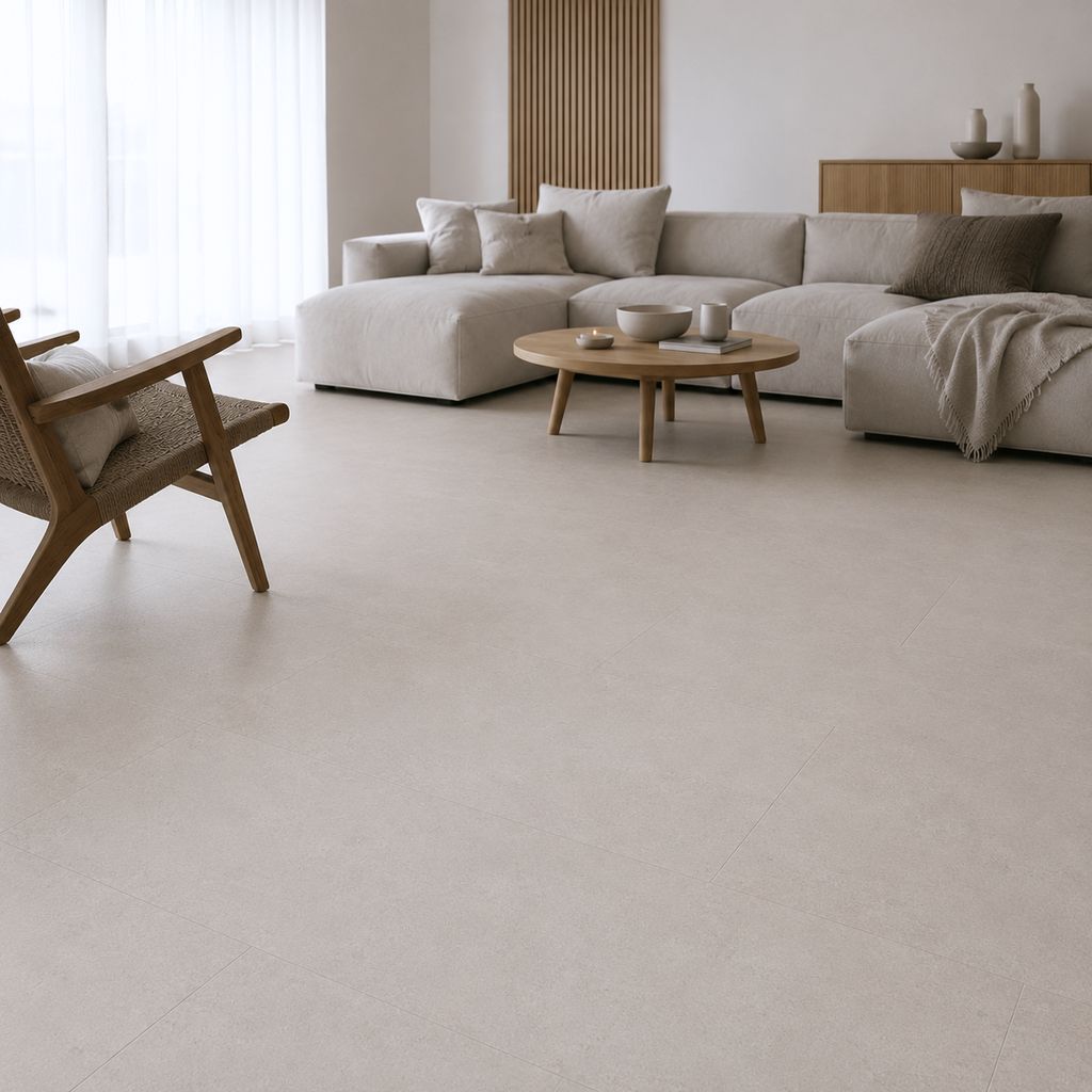 Geräumiges Wohnzimmer mit Travertin Klick Vinyl, Trittschalldämmung und modernem, komfortablem Design