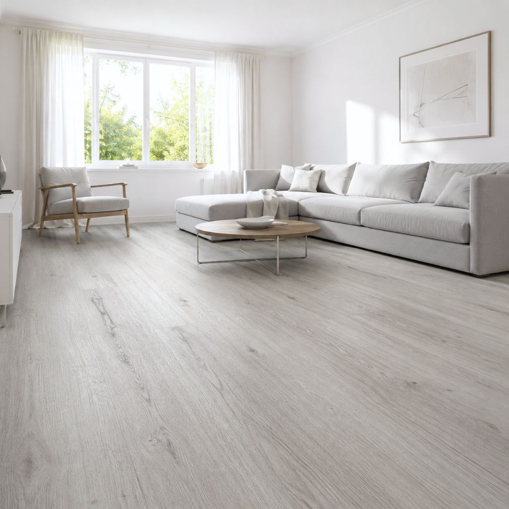 Vinylboden Breitdiele XL Eiche Lisa weiß im modernen Wohnzimmer von Floor4all