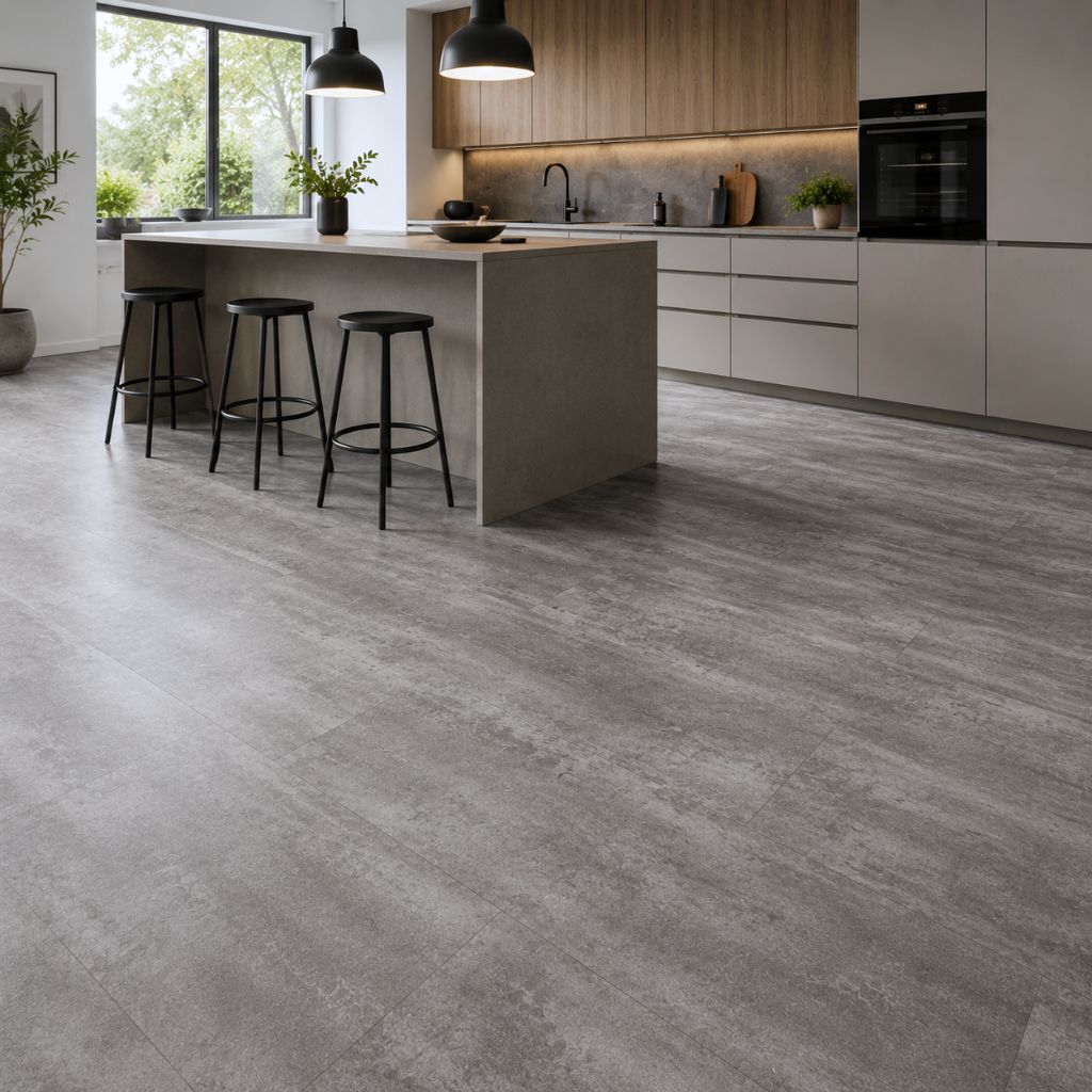 Vinylboden in Sichtbeton-Optik grau mit XL-Fliesenformat in moderner Küche mit Kochinsel von Floor4all