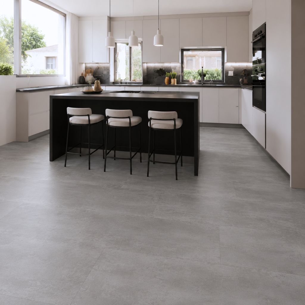 Vinylboden in Fliesenoptik mit Sichtestrich-Design in heller, moderner Küche mit Kochinsel von Floor4all