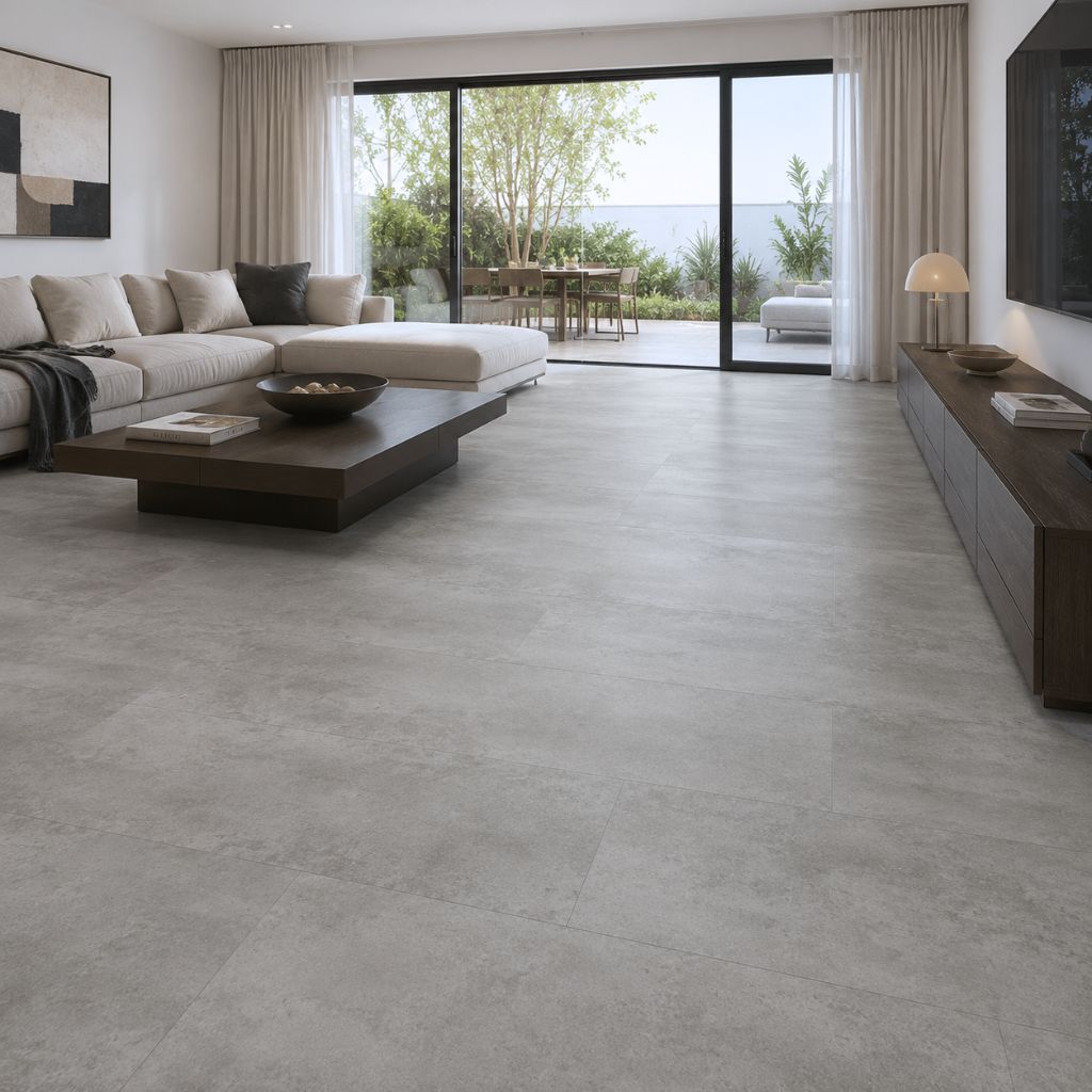 Vinylboden in Fliesenoptik mit Sichtestrich-Design in gemütlichem Wohnzimmer mit Terrassenzugang von Floor4all