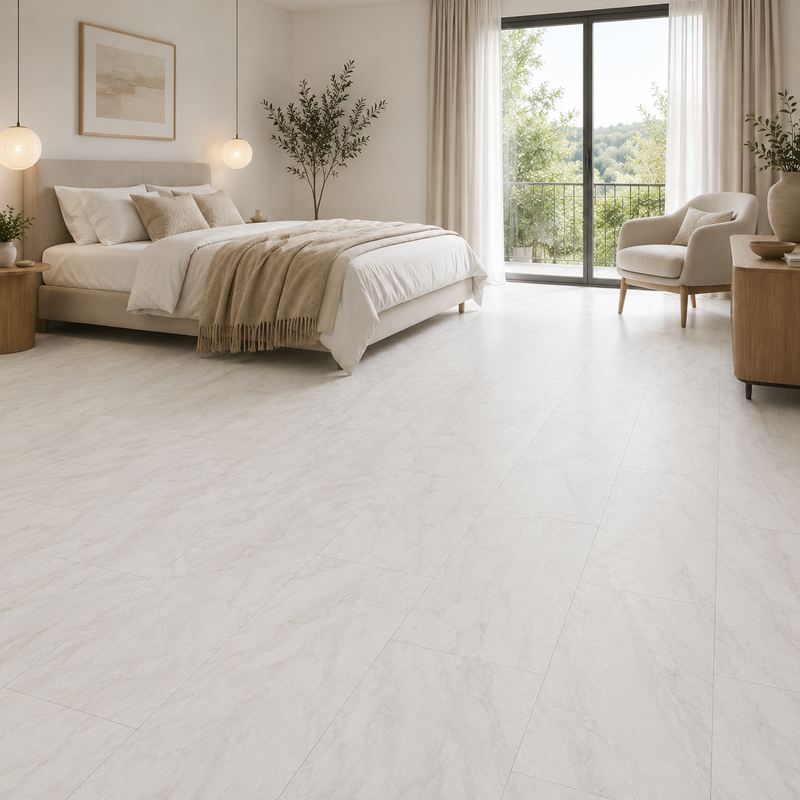 Klick Vinyl Carrara Marmor Weiß im Schlafzimmer mit heller Steinoptik