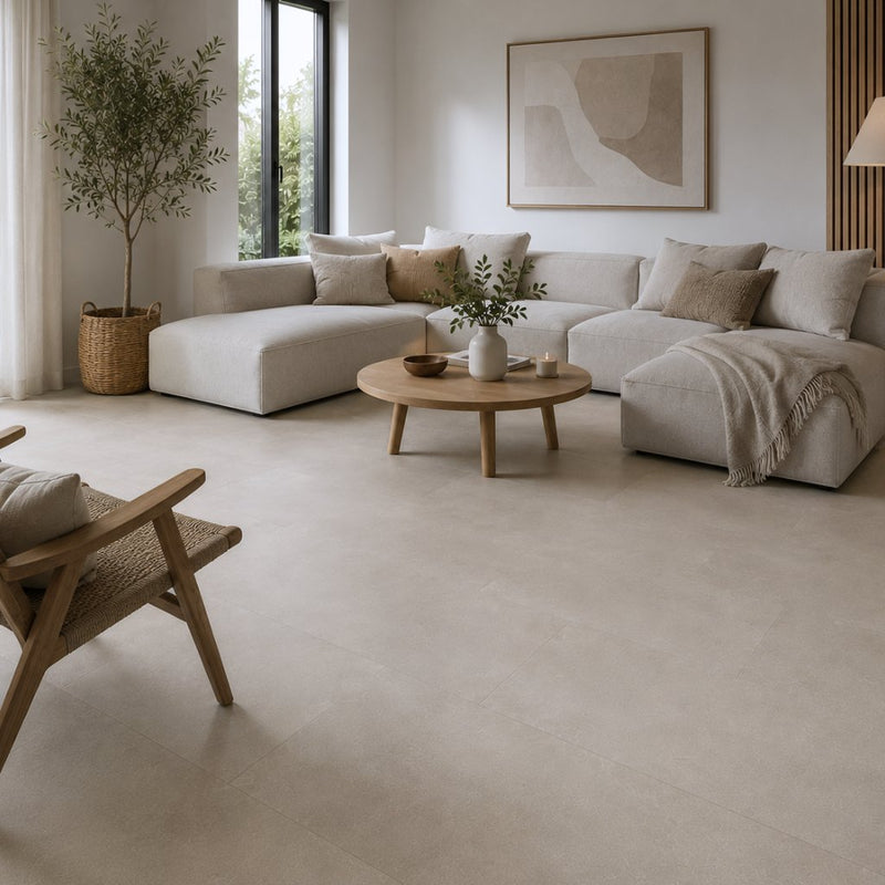 GreenLine Silent XL Stone Travertin Fliesenoptik mit Trittschall in hellem Wohnzimmer - Floo4all