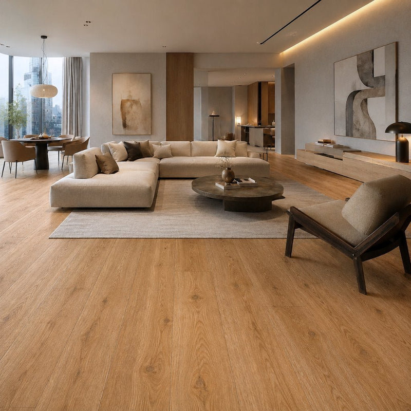 Modernes Wohnzimmer mit verlegtem Klebe Vinylboden Eiche gebürstet hell – 
geräumiger Raum mit beigem Modulsofa, Holz-Esstisch, Kunstwerken, 
Großfenster mit Ausblick, zeigt die elegante Wirkung des Bodens im Premium-Ambiente. - Floor4all