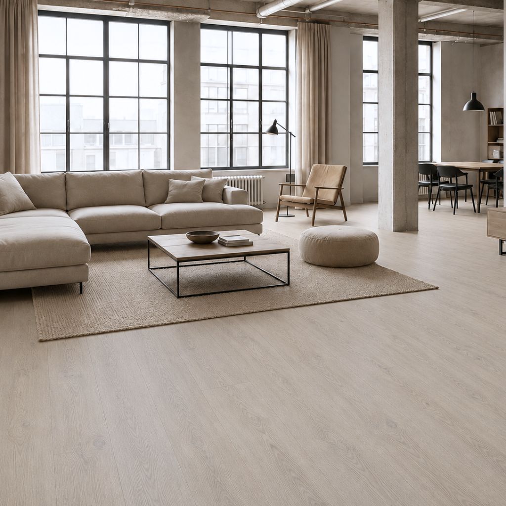 Modernes Wohnzimmer mit verlegtem Klick Vinyl Eiche Ales Boden – helles Eichendesign in geräumigem Loft-Apartment mit Beige-Sofa, modernem Mobiliar und großen Fenstern; zeigt die elegante und zeitgemäße Wirkung des Bodens im Wohnbereich. - Floor4all