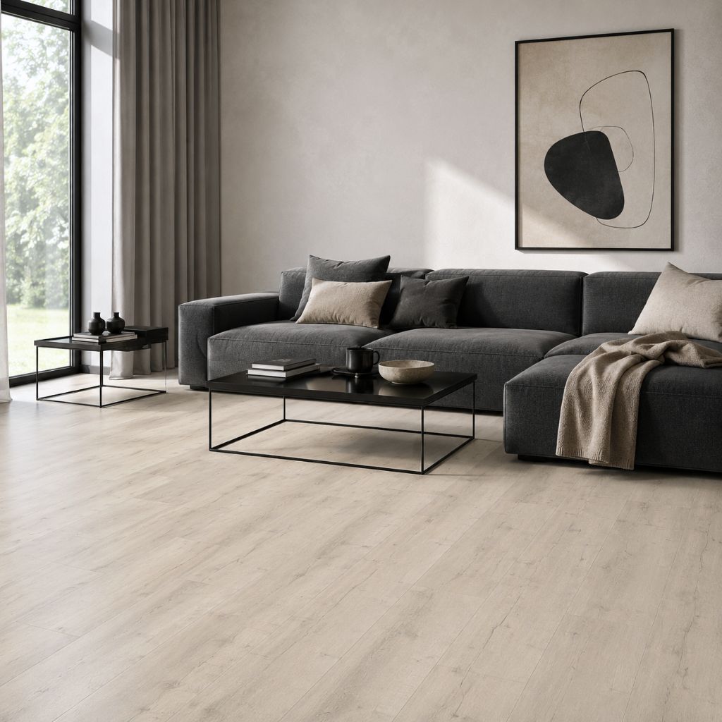 Modernes Wohnzimmer mit hellem Klick Vinyl Eiche Polarium Boden – Landhausdielen in natürlicher Holzoptik, warm & leise von Floor4all