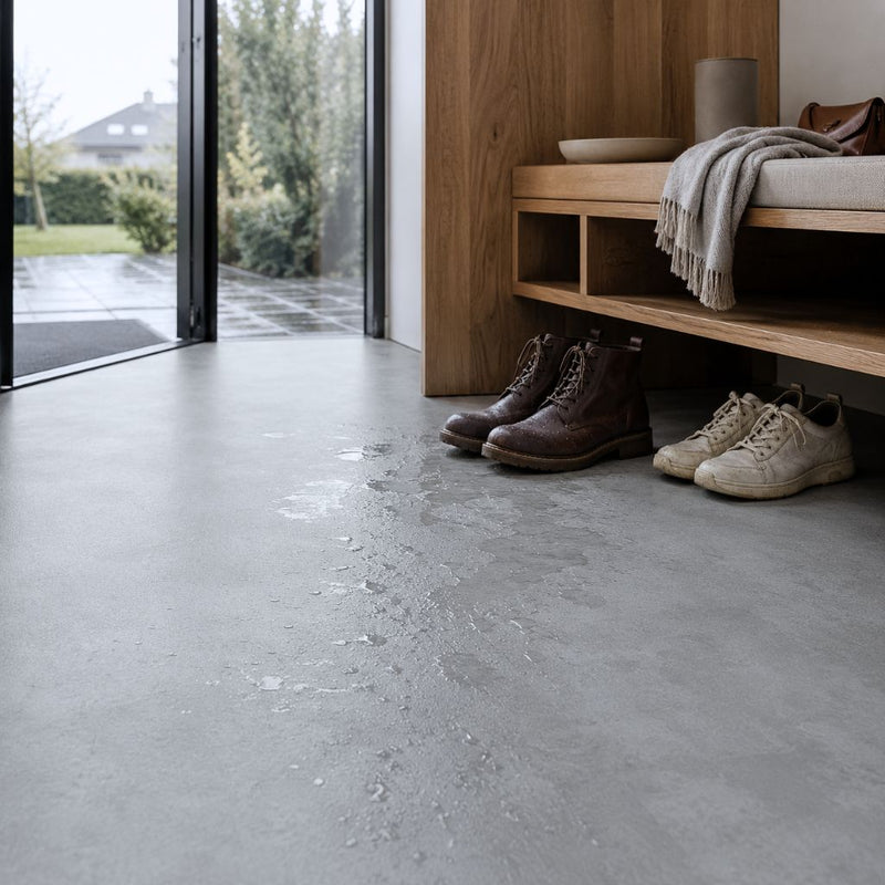 Wasserfeste Duck Egg Blue Vinylfliese im Flur mit Wasserspritzern – ideal für Eingang, Bad und Feuchträume von Floor4all