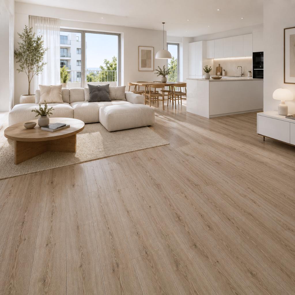 Modernes Wohnzimmer mit Klick Vinylboden Eiche Clara – warme Holzoptik, weißes Sofa, helles Design. Klick Vinylboden Eiche Clara mit Trittschalldämmung von Floor4all 