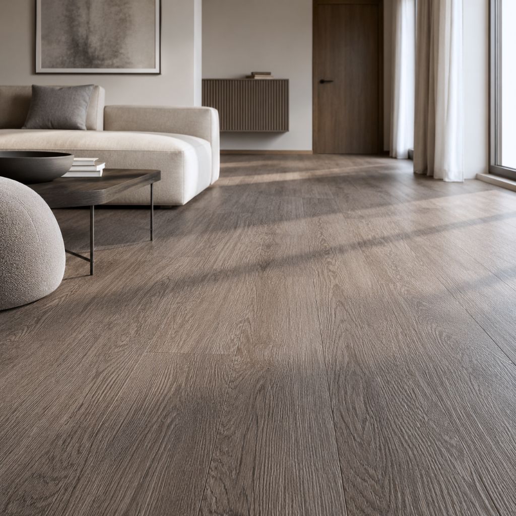 Elegantes Wohnzimmer mit Klick Vinylboden Eiche Jane – dunkle Holzoptik, beiges Sofa, modernes Design. Klick Vinylboden Eiche Jane mit Trittschalldämmung von Floor4all