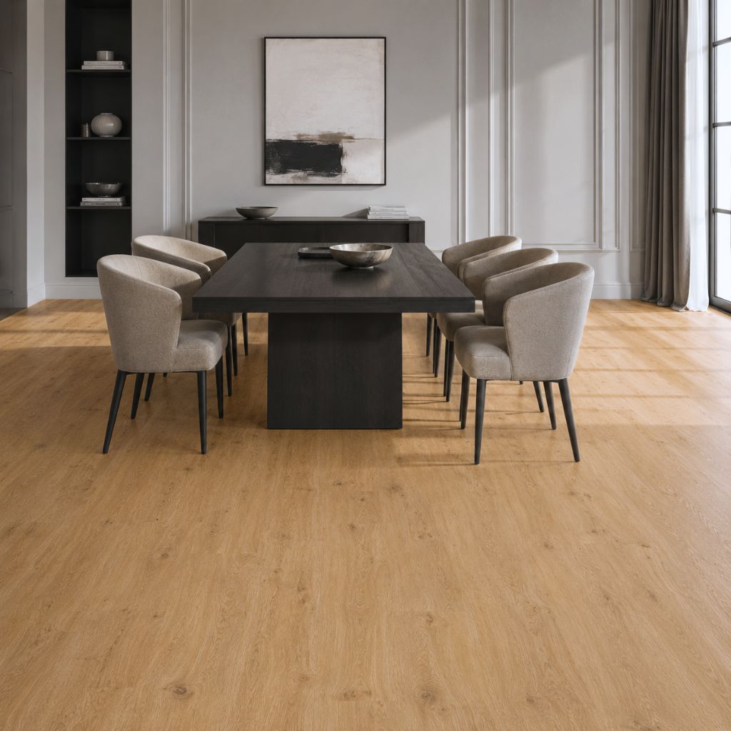 Klick-Vinylboden Eiche Releg gebürstet mit Trittschalldämmung in elegantem Esszimmer mit dunklem Esstisch und beigen Polsterstühlen von Floor4all