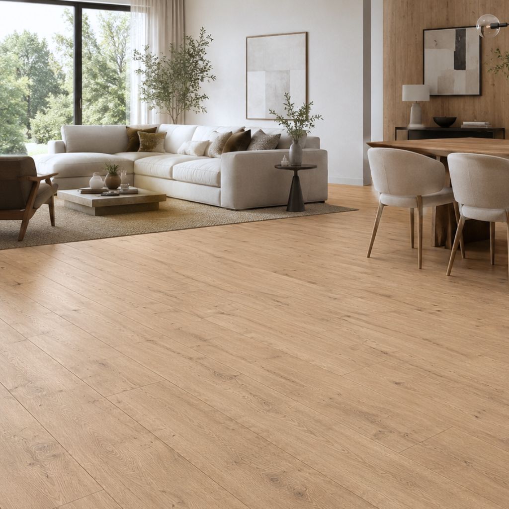 Moderner Wohnzimmer-Esszimmerbereich mit Laminat Klick Kronoflooring New England Oak Landhausdiele verlegt - großflächige Ansicht, natürliche Holzmaserung, fugenlose Optik, elegante Raumgestaltung mit modernem Design - Floor4all