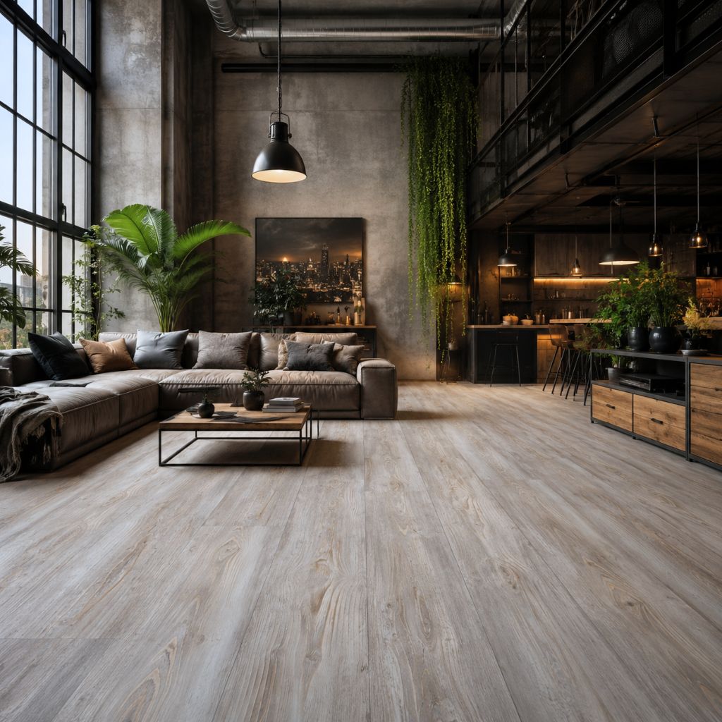 Offenes Loft-Wohnzimmer mit Kronotex Robusto Fantasy Wood Laminat in graubrauner Holzoptik, modernes Design mit grauem Sofa, industriellen Pendelleuchten, Betonwänden und hängenden Pflanzen - Floor4all