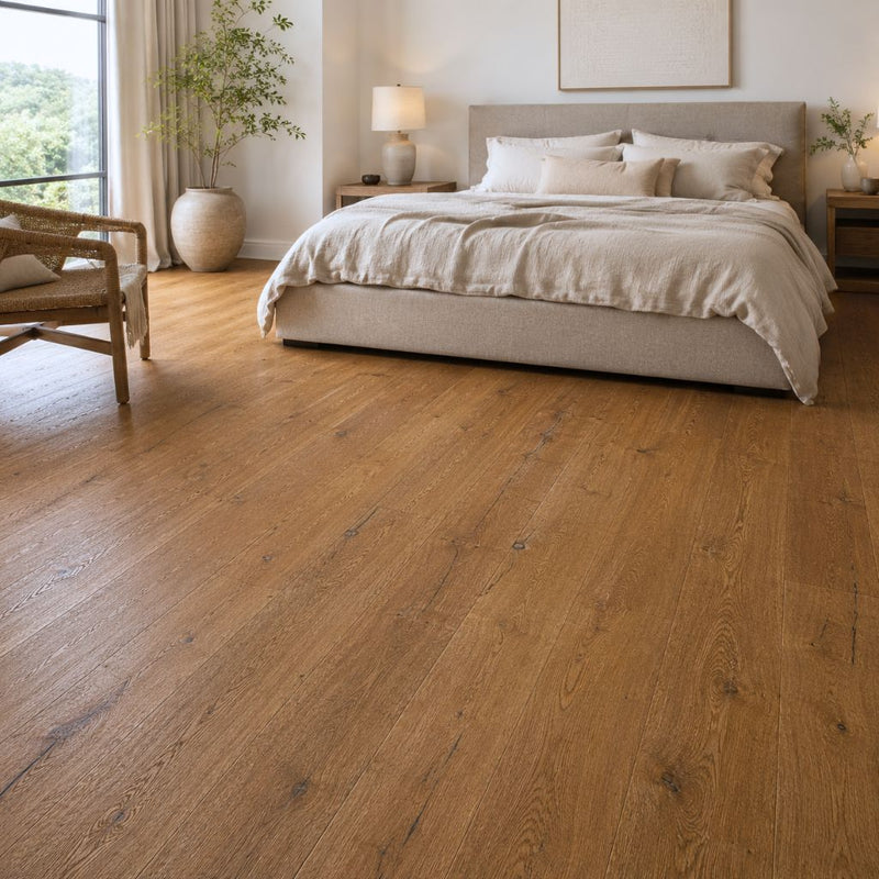 Modernes Schlafzimmer mit Parkett Urig Eiche Rhino rustikal natur geölt gebürstet Landhausdiele mit Fase - warme natürliche Holzmaserung, rustikale Struktur, gemütliche Atmosphäre, Holzboden sichtbar - Floor4all