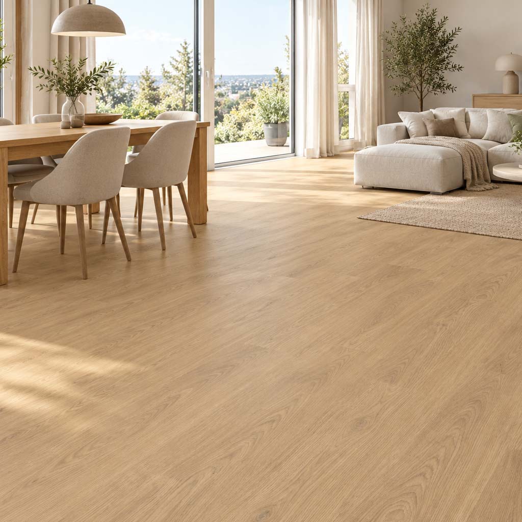 Designboden Berdal Eiche Natur mit Trittschalldämmung in einem modernen Wohnzimmer – Restposten bei Floor4All.