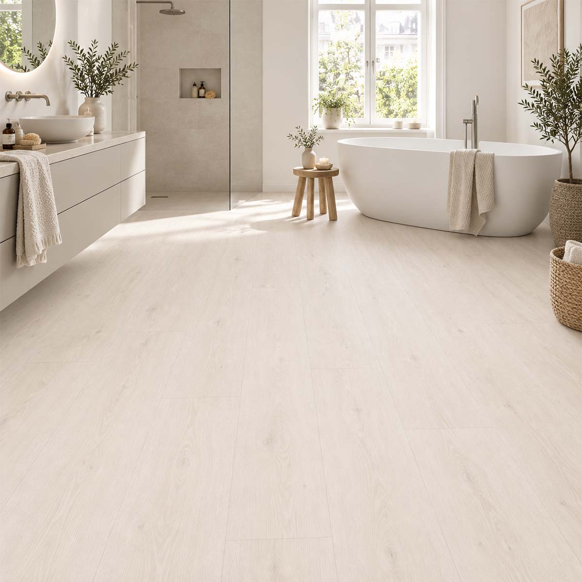 Designboden Camden weiß mit Trittschalldämmung in einem hellen modernen Badezimmer