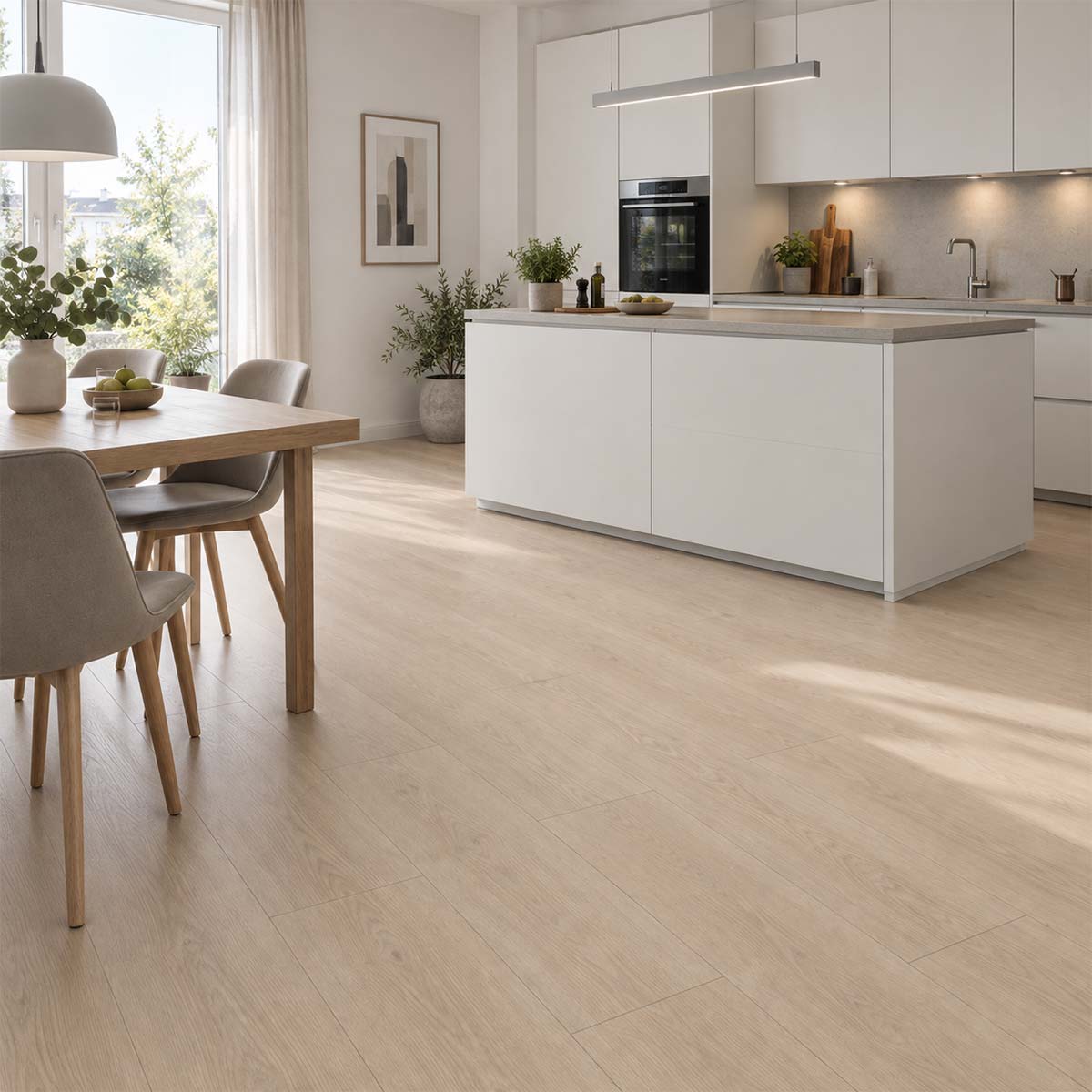 Designboden EGGER Classic Light Victoria Eiche hellbraun in einer modernen weißen Küche mit offenem Essbereich