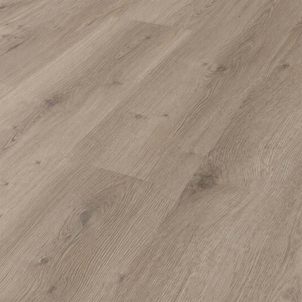 Nahaufnahme Klick Vinyl Eiche grau: verlegte Dielen mit Ästen und feiner Maserung von Floor4all