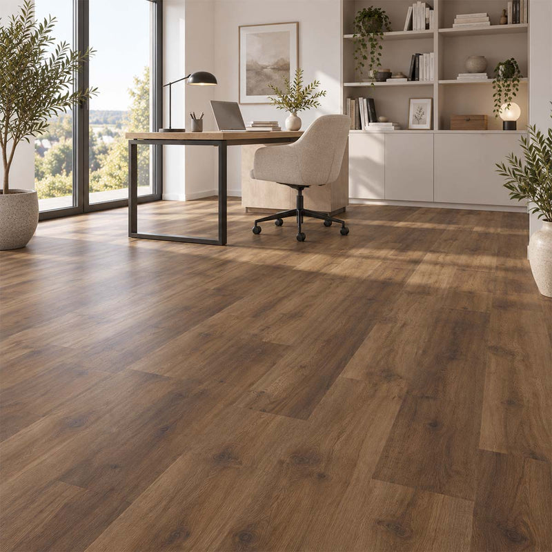 Designboden Eiche Trient schokobraun mit Trittschalldämmung in einem modernen Arbeitszimmer