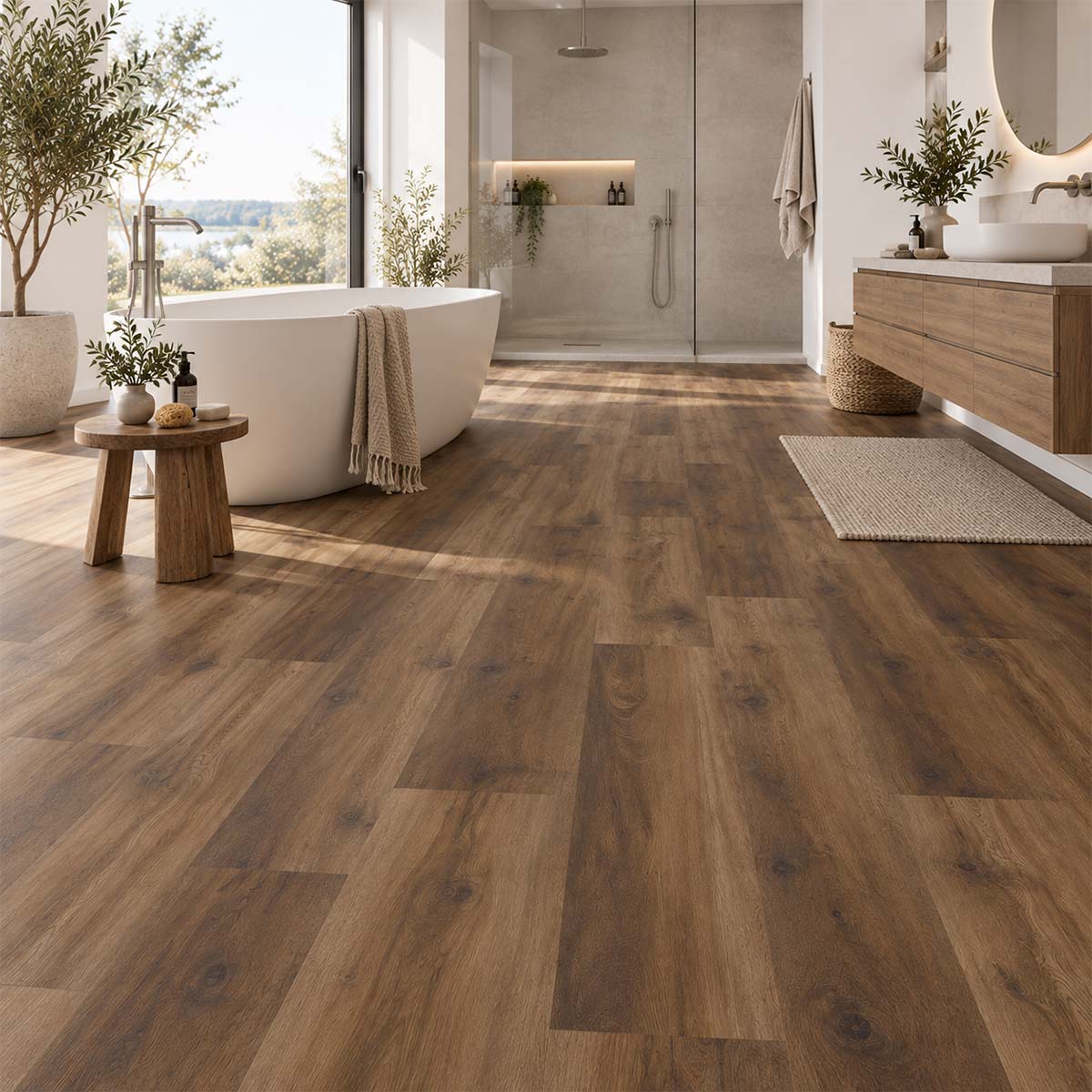 Designboden Eiche Trient schokobraun mit Trittschalldämmung in einem modernen Badezimmer
