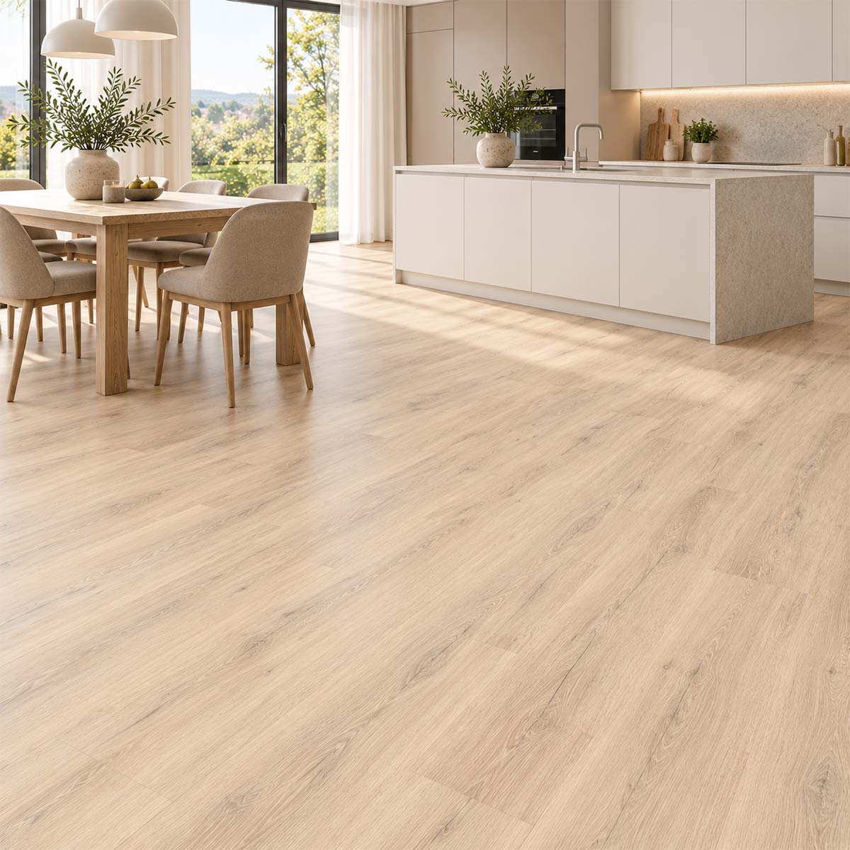 Designboden Panora Eiche Beige mit Trittschalldämmung in einer modernen Küche