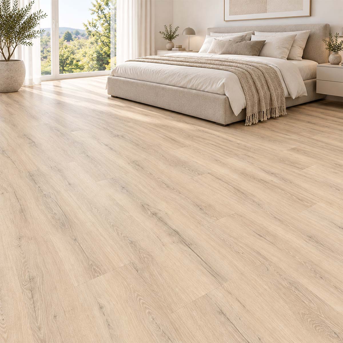 Designboden Panora Eiche Beige mit Trittschalldämmung im freundlichen Schlafzimmer