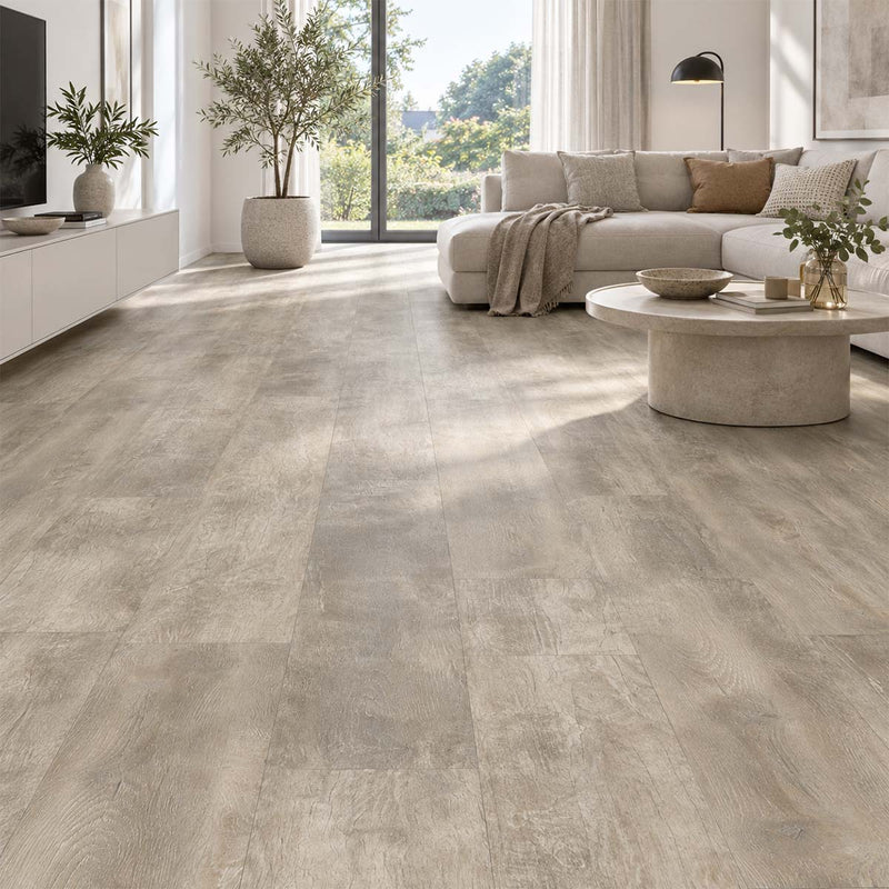 Designboden Vinyl HARO Eiche Monza Grau mit Kork Trittschall in einem modernen Wohnzimmer
