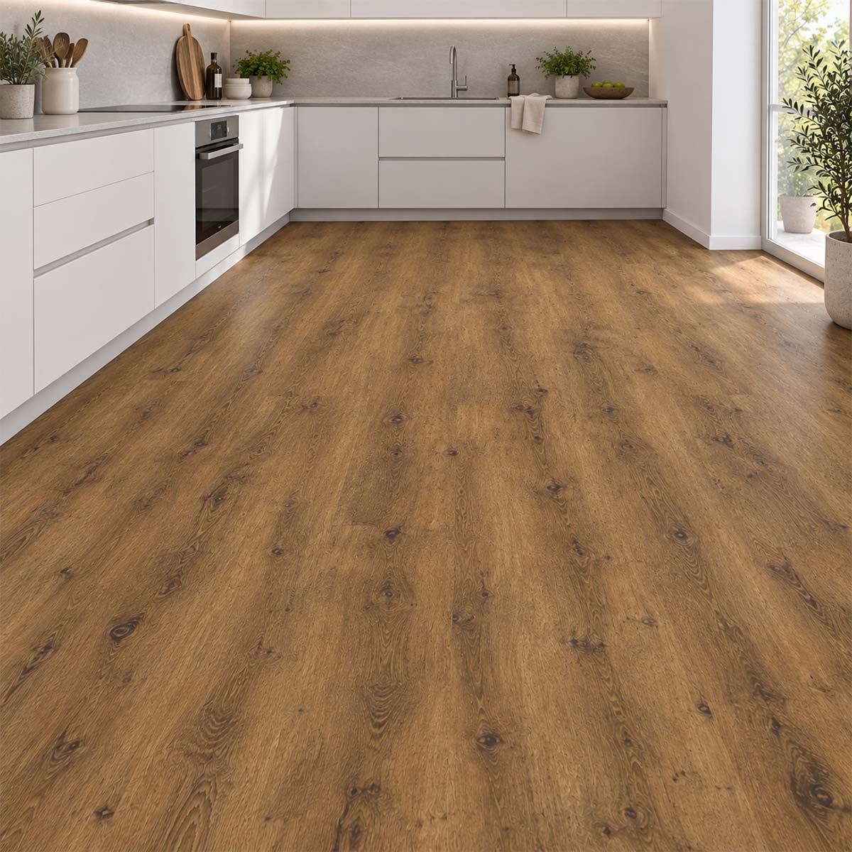 Designboden Vinyl Haro Eiche Verona mit Kork Trittschall in einer weißen Küche – Restposten bei Floor4All.