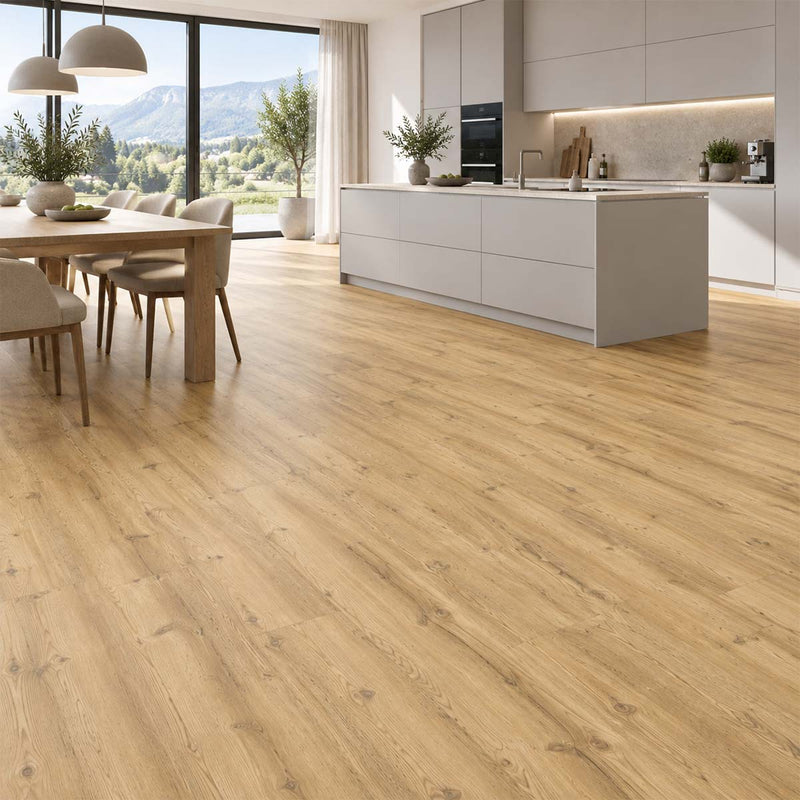 Designboden Vinyl HARO Lärche Lugano mit Kork Trittschall in einer hellen Küche