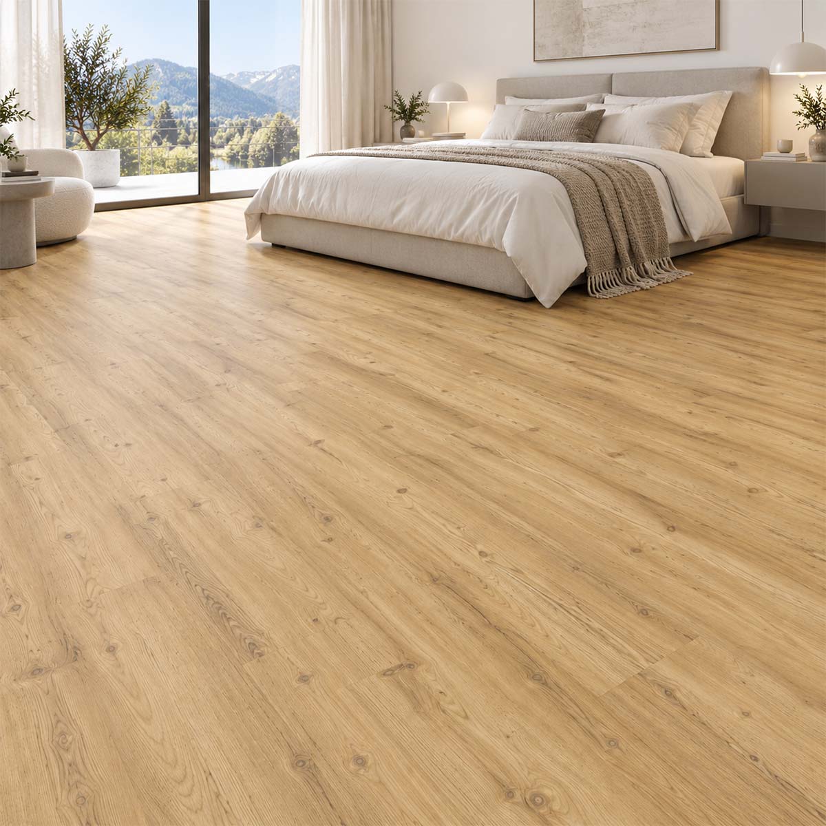Designboden Vinyl HARO Lärche Lugano mit Kork Trittschall im hellen Schlafzimmer